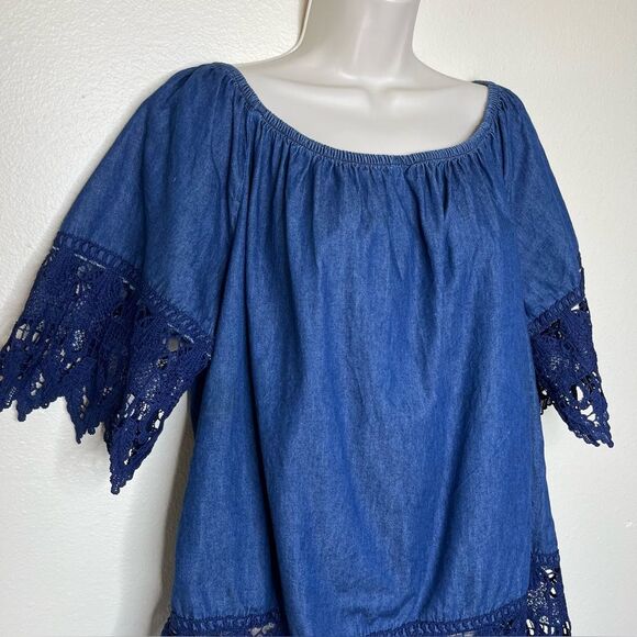 Taxi Blue Chambray Denim Off Shoulder Wide Crochet Lace Trim Top Women 2X FLAWED - Picture 3 of 14